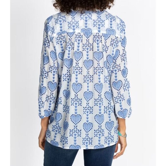 Johnny Was Shell Embroidered Blouse S White Blue Collared EUC - Picture 2 of 8
